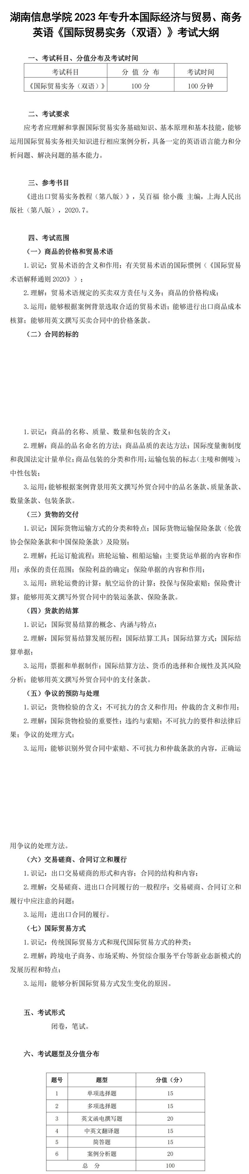 2023年湖南信息学院专升本商务英语专业《国际贸易实务（双语）》考试大纲(图1)