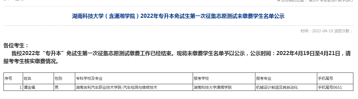 湖南科技大学(含潇湘学院)2022年专升本免试生第一次征集志愿未缴费名单