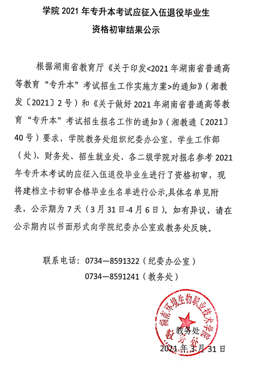 2021年湖南环境生物职业技术学院退役士兵专升本毕业生名单(图1)