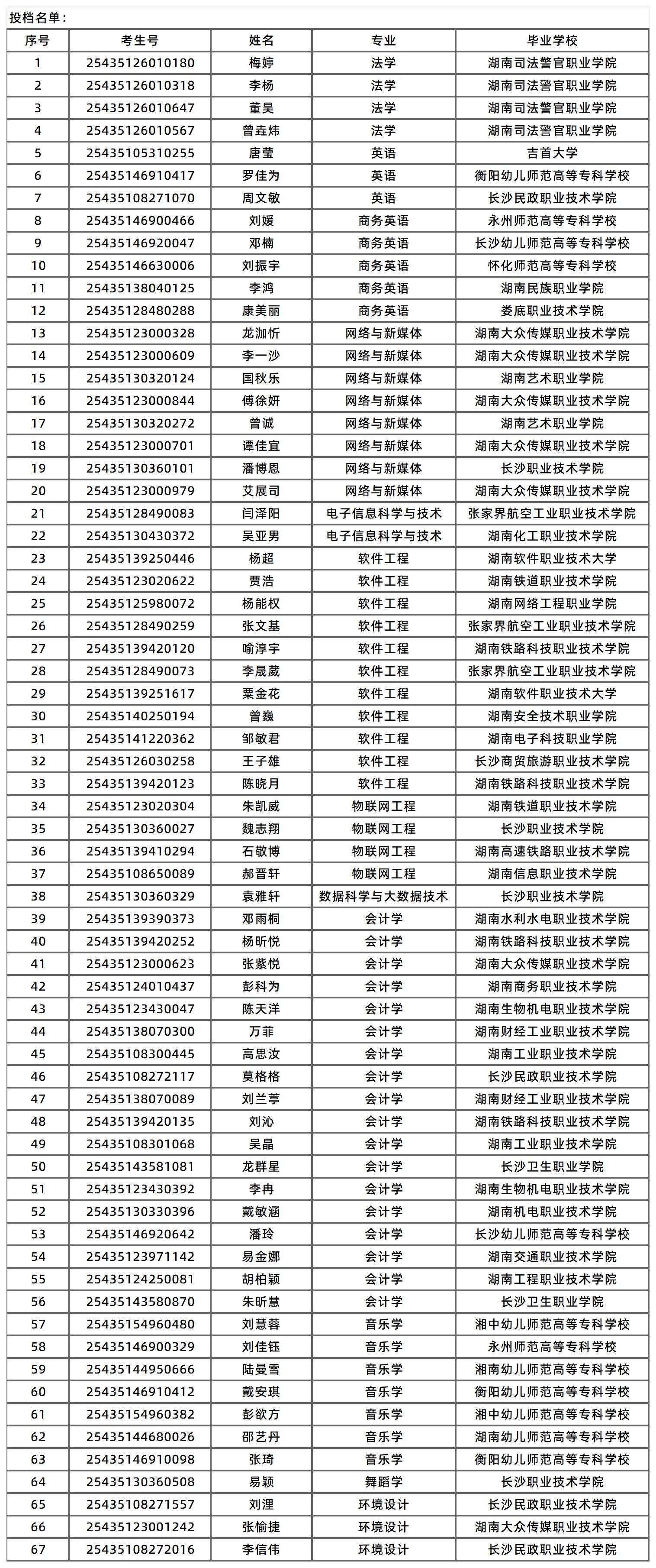 湖南涉外经济学院征集志愿投档名单